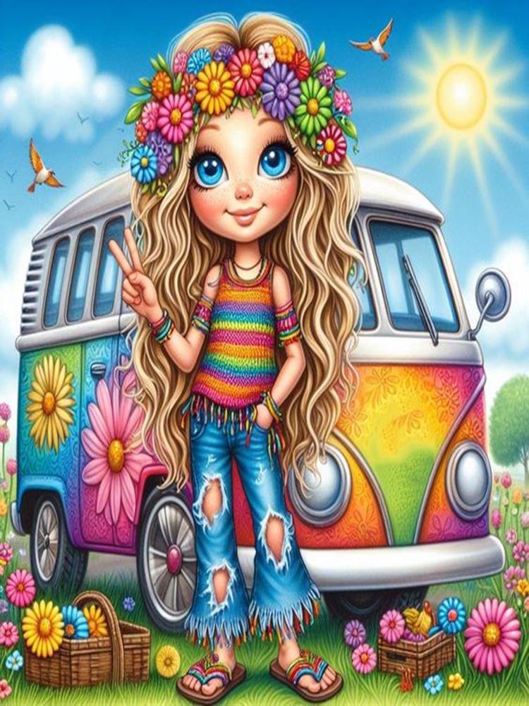 

DIY Алмазная картина Набор для вышивки крестом Симпатичная маленькая девочка, автобус VW, автомобиль, пейзаж, цветы Полная квадратная и круглая алмазная мозаика Full Round 20x30CM
