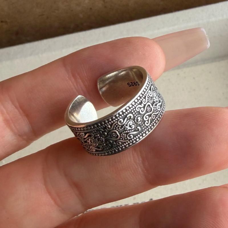 BF CLUB 925 Sterling Silver Ring For Women Jewelry Pattern Retro Open Vintage Handmade Ring Allergy For Party Birthday Gift