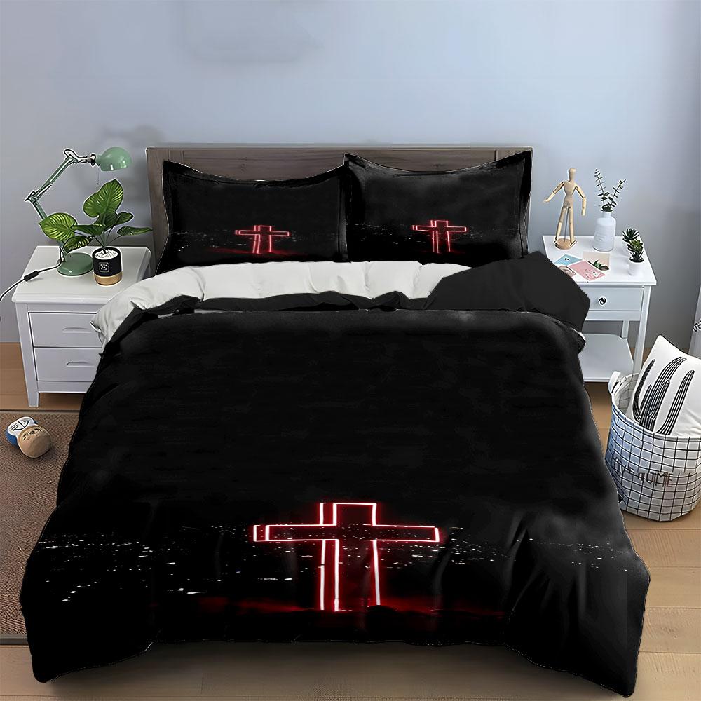 Glowing red cross design. Bedding sets Duvet cover sets Duvet covers Pillowcases(1*Duvet Cover 2*Pillowcases without duvet insert)