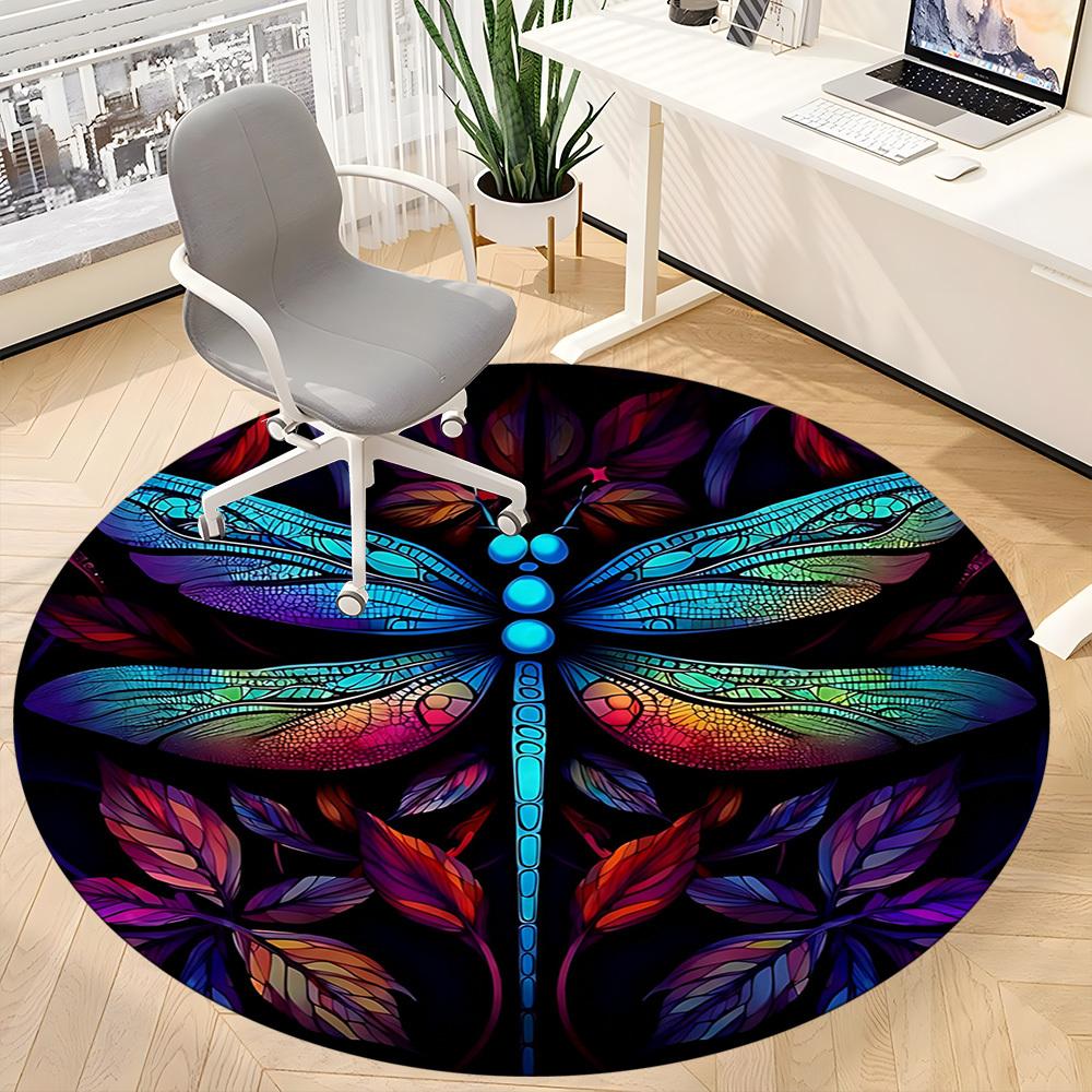 1PC Dragonfly StainedGlass Office Round Area Rug, Mat Suitable ForOffice, Under Office Chairs Bedroom Living Room Home Decor, Room Deco