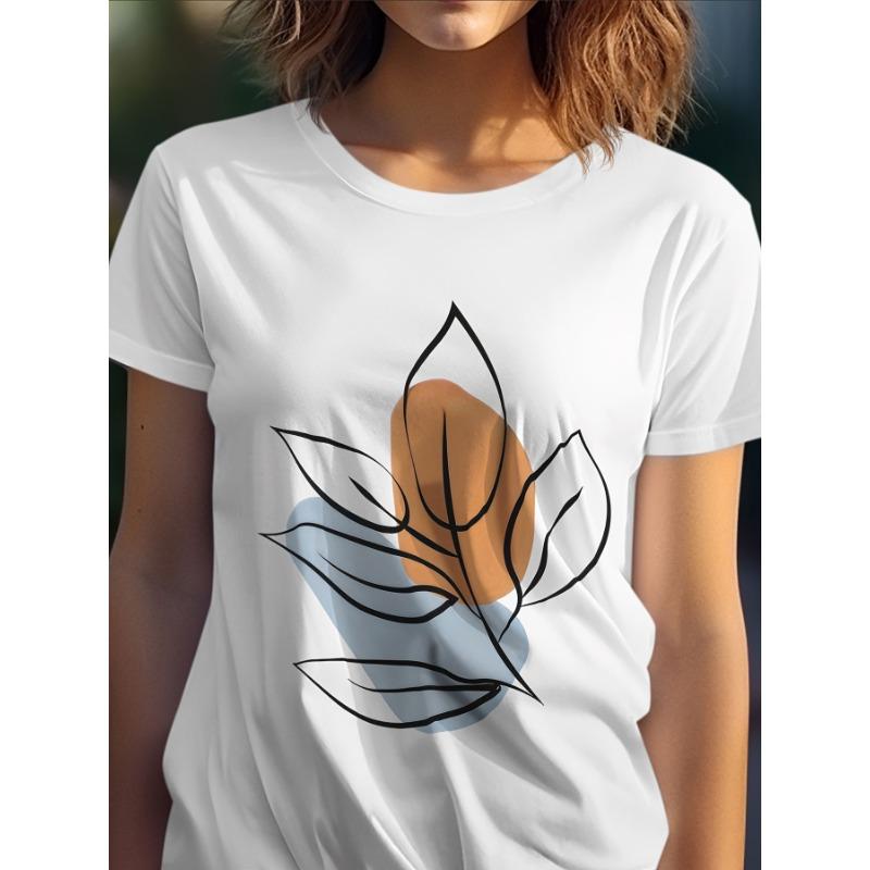 

Womens Soft Breathable Botanical Print T Shirt White Round Neck Minimalist Casual Chic All Season Top 4XL білий