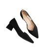 New thick heel pointed shoes side empty high heels medium heel black soft leather professional single shoes
