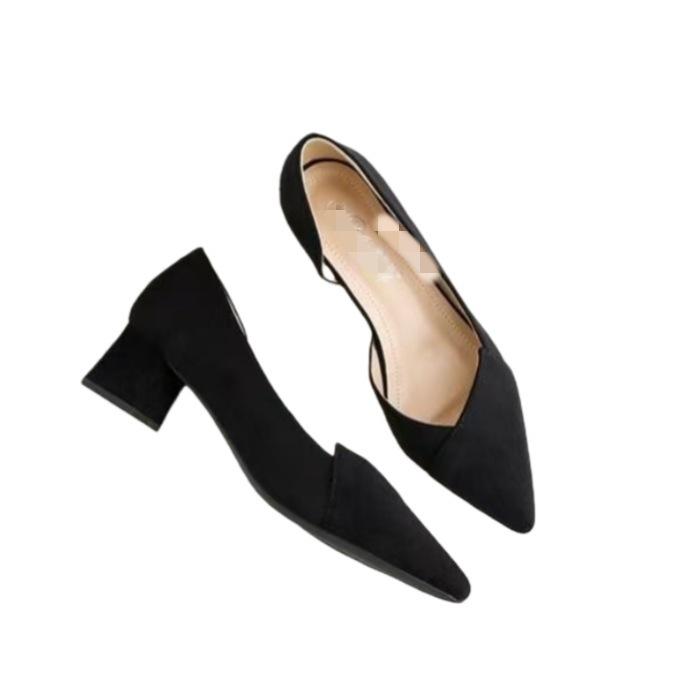 New thick heel pointed shoes side empty high heels medium heel black soft leather professional single shoes