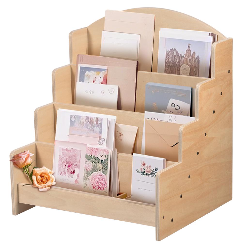 Wood 4 Tier Greeting Card Display Stand Large Capacity Easy to Assemble Wooden Sticker Display Rack Multipurpose Brochure Holder