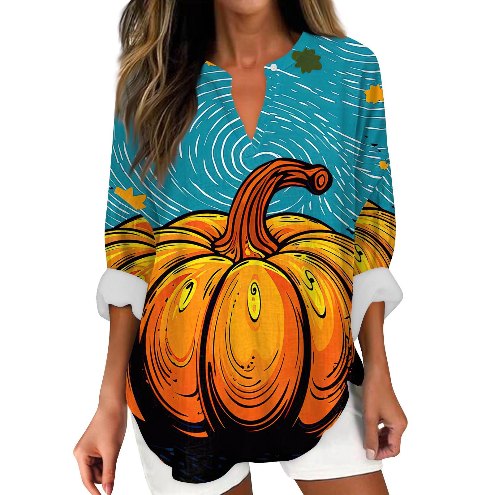 

Женские модные повседневные женские топы с v-образным вырезом и длинным рукавом с принтом на Хэллоуин S