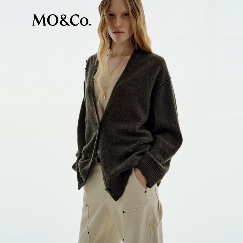 MO&Co. NOIR Series Distressed V-Neck Cardigan