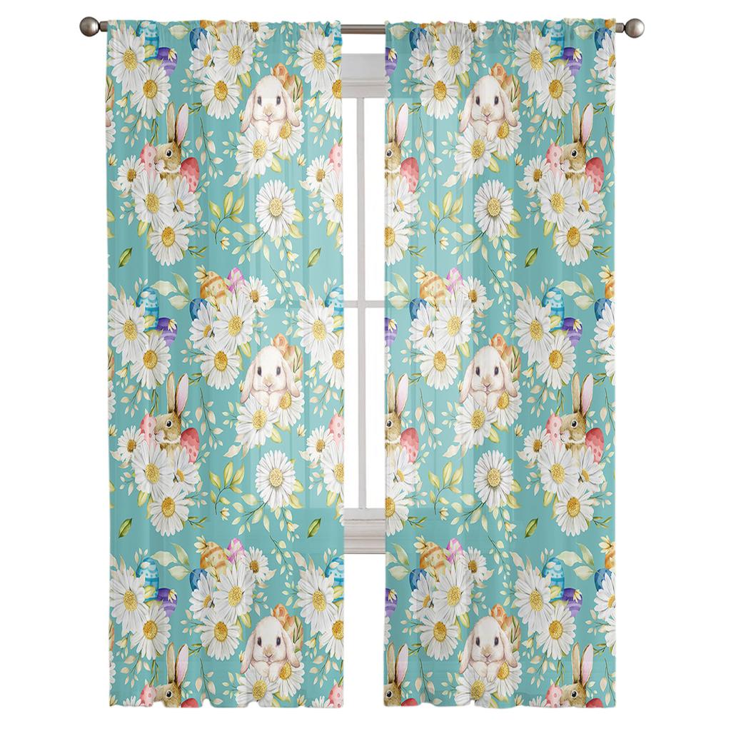 Easter Egg Rabbit Flowers Tulle Curtains For Living Room Bedroom Voile Sheer Curtain Window Home Decor Drapes