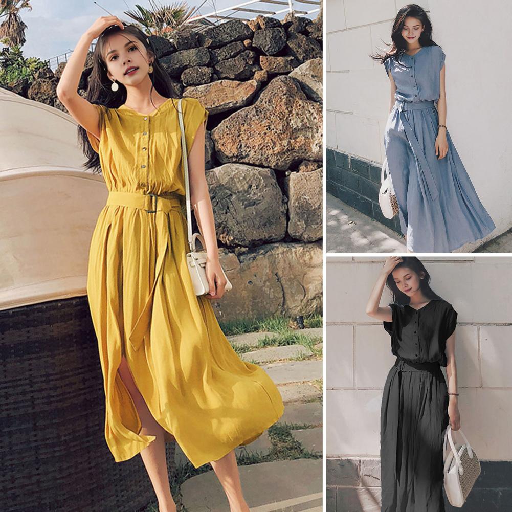 Women Solid Color Long Dress Elegant Summer Midi Dress with Belted Slim Waist A-line Silhouette Pleated Details for Women Round
