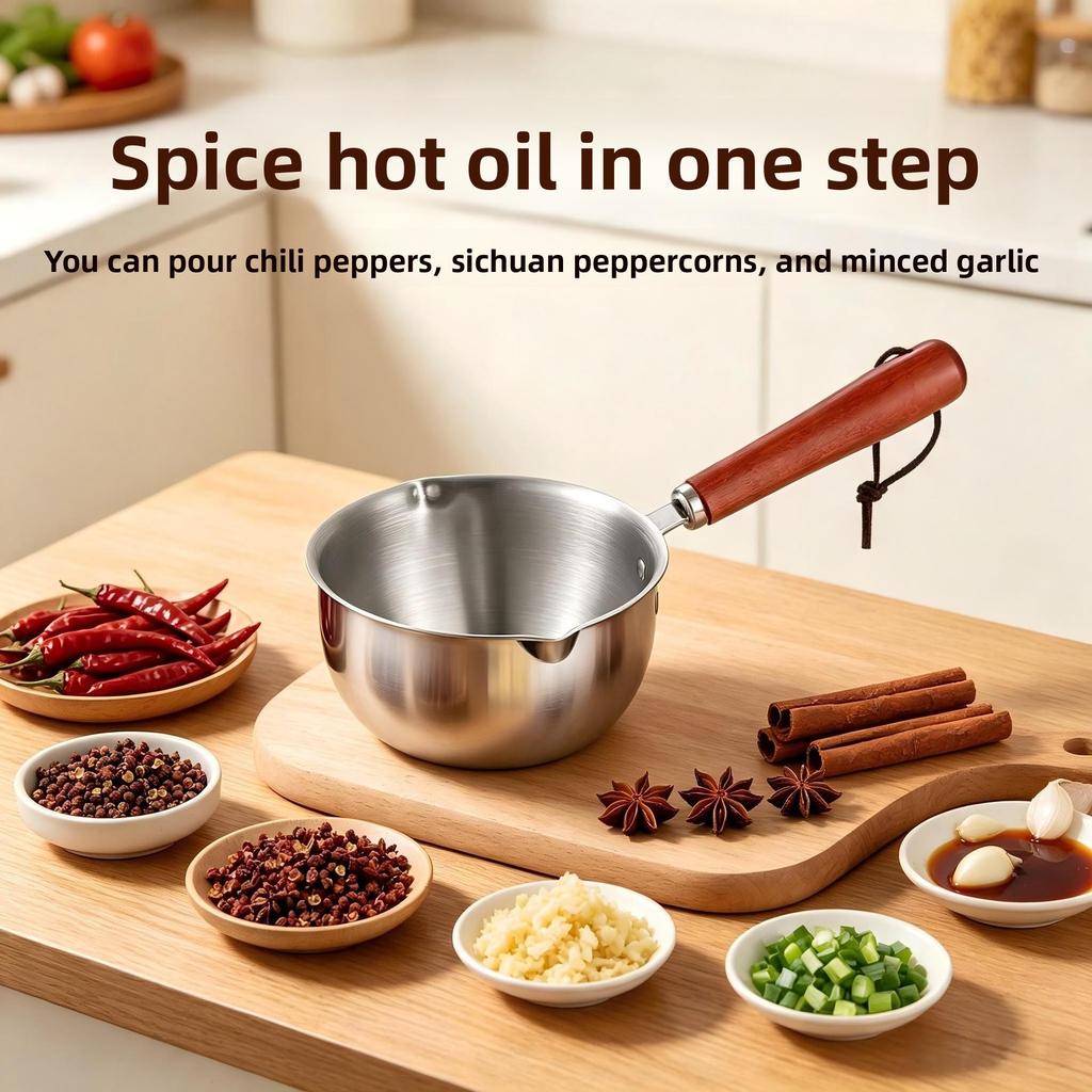 Wooden Handle Stainless Steel Mini Oil Pot Household Kitchen Pouring Oil Melting Butter Small Special Cooking Utensil
