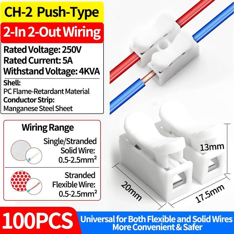 100pcs 2/3 Pin Push-in Spring Loaded Connector, CH2 CH3 5A 250V Wire Cable Connector for Electrical Lighting