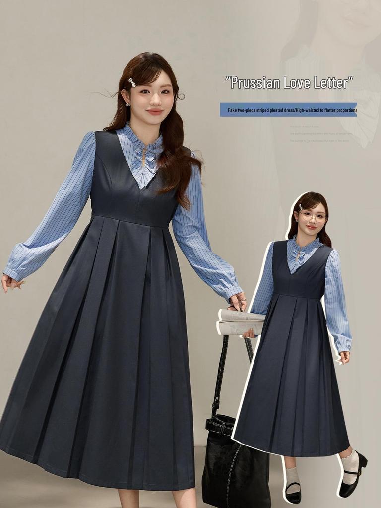 Autumn Pleated Slimming Plus Size College Style Two-Piece Dress for Women