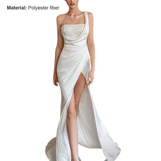 Formal Dress One Shoulder Sequined Autumn Satin Surface High Split Party Maxi Dress for Wedding
