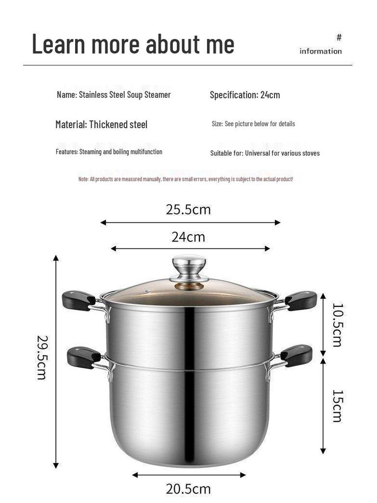 Double-Layer Stainless Steel Stockpot with Steamer for Porridge, Noodles, and Soup - Compatible with Induction and Gas Stoves