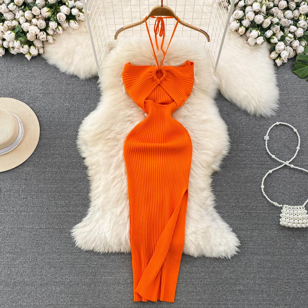 Summer Women's Dress Celebrity Temperament Hanging Neck Hollowed Tight Slim Backless Sleeveless Medium-length Split Package Hip Knit Bottom Dress