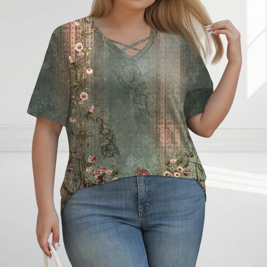 Women's Fashion Casual Solid Colour Stripe Printed V-Neck Short Sleeve Large Size T-Shirt Top