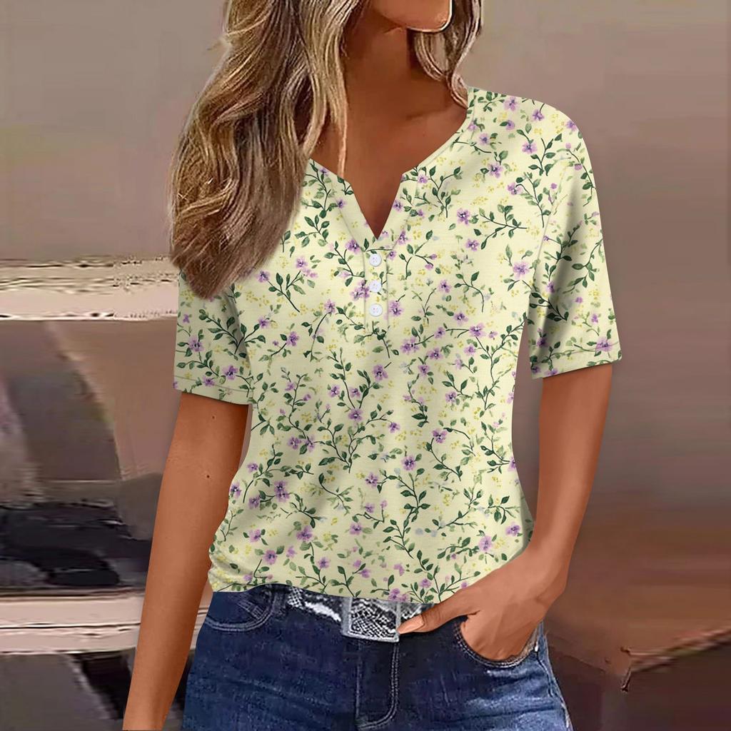 Women's T Shirt  Print Button Short Sleeve Daily Weekend Fashion Basic V- Neck Regular Top