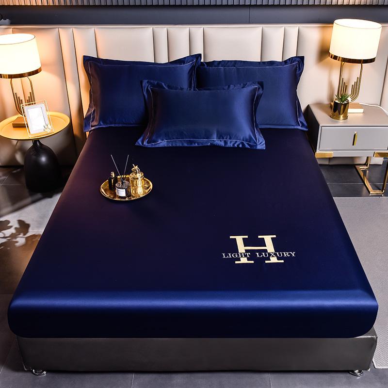 Luxury Satin Fitted Sheet Embroidered Solid Color Mattress Cover with Elastic Band Bed Sheet Bed Linen High-end Rayon Bedsheet