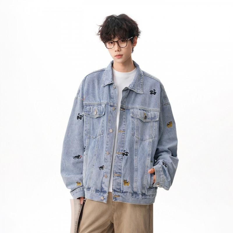 Unisex Oversized Denim Jacket With Embroidered Cartoon Dog Streetwear 2026 Casual Outerwear