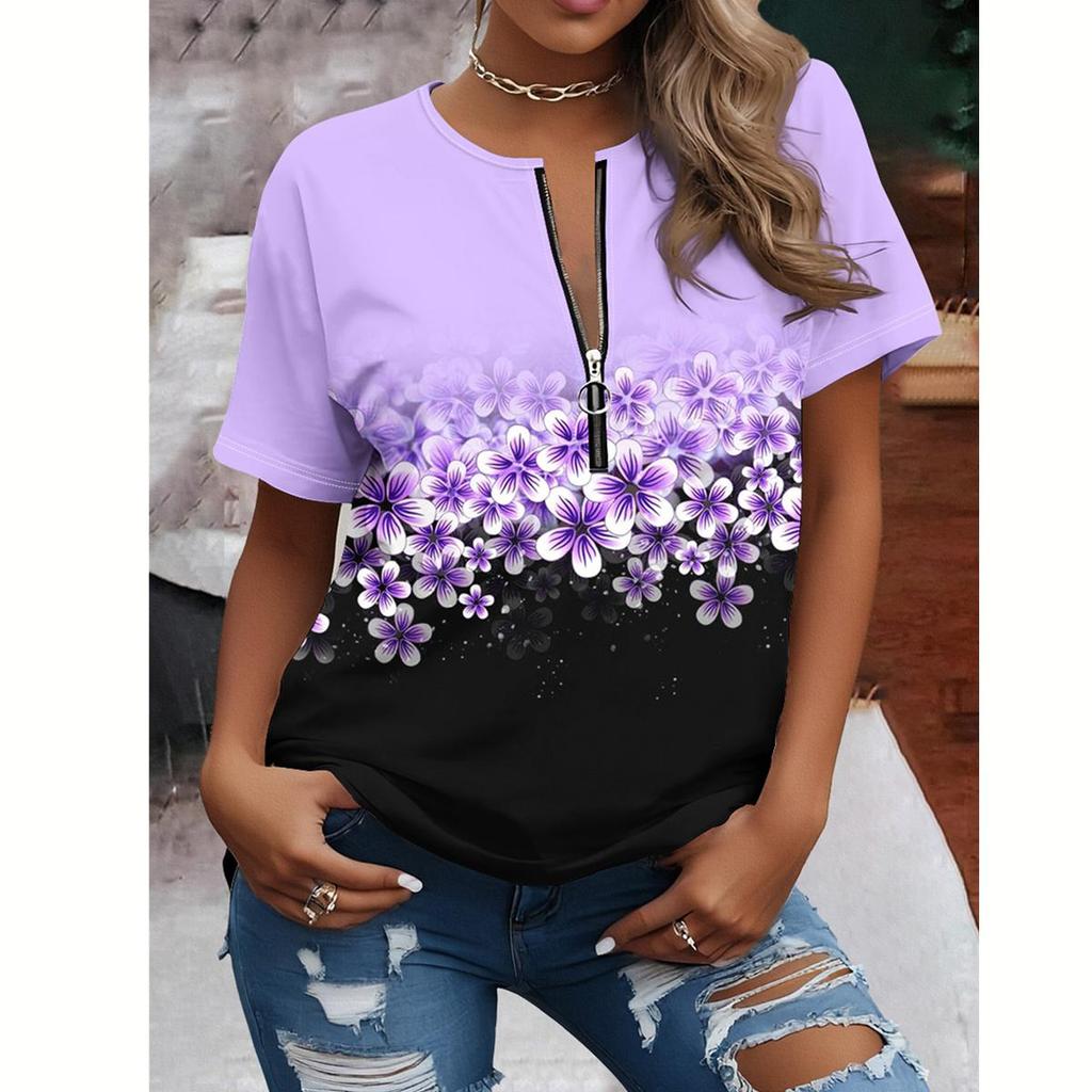 Women's Summer Fashion Zipper Short Sleeve Plus Size T-shirt