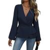 Women Tops V Neck Long Sleeve Slimming Blouse Waist Tight Ruffle Trim Hem Solid Color Shirt Tops Daily Wear
