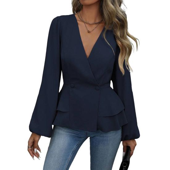 Women Tops V Neck Long Sleeve Slimming Blouse Waist Tight Ruffle Trim Hem Solid Color Shirt Tops Daily Wear