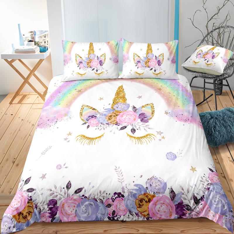 Unicorn Duvet Cover Set Cartoon Animal Galaxy Star Floral Bedding Set For Kids Girls Polyester Romantic Theme Comforter Cover