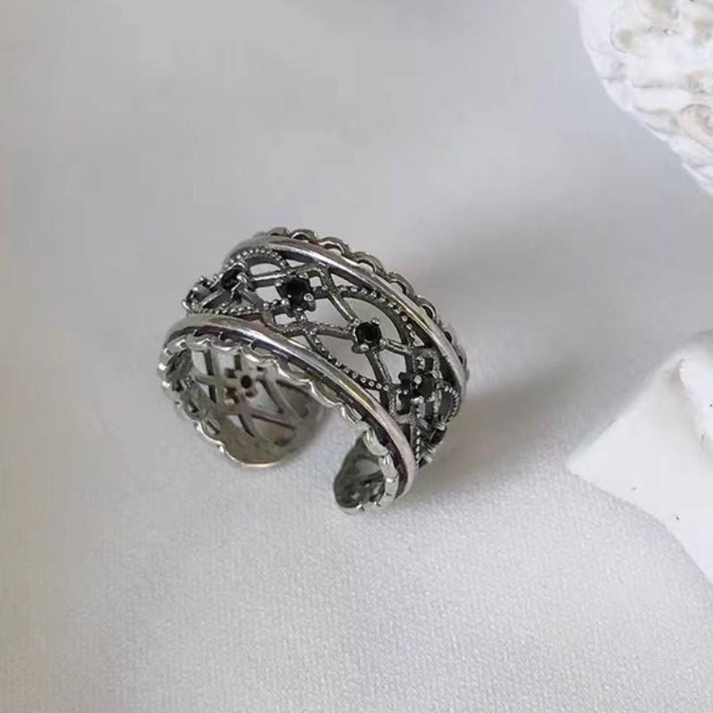 Adjustable Open Ring Couples Punk Style Black Zircon Geometric Design Unisex Plated Finger