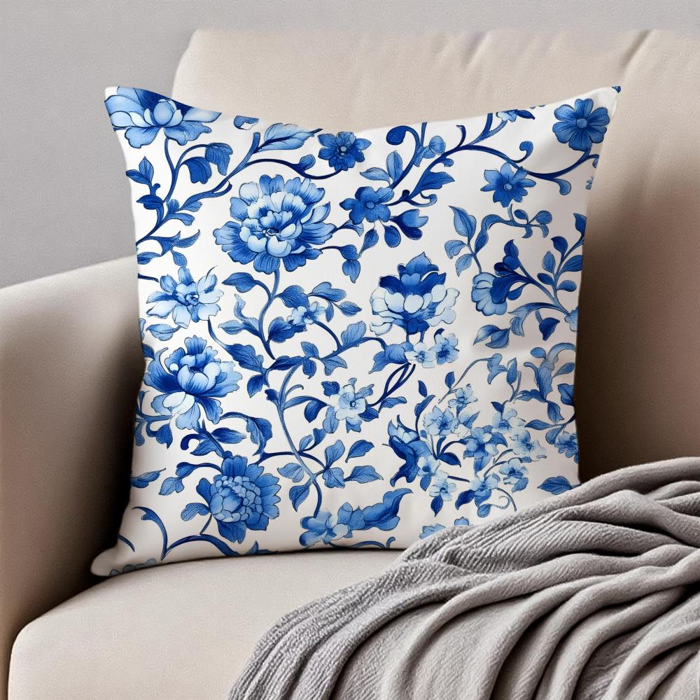 Ethnic Style Blue Floral Pattern Printing Cushion Cover Pillowcase Antidustmite Invisible Zipper Short Plush Sofa Cushion