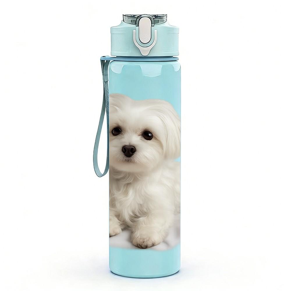 1PC Gentle White Bichon Puppy 750ml Color Plastic Sports Water Bottle Leakproof Flip Straw Lid Suitable for Sports Office Home Use