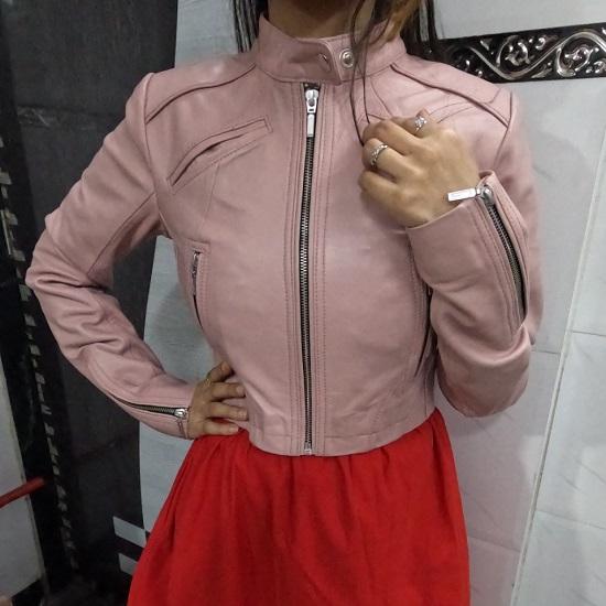 Noora Women's Lambskin Leather Cropped Jacket, Biker Crop Style Punk, Street, Club & Party wear Jacket BABYPINK
