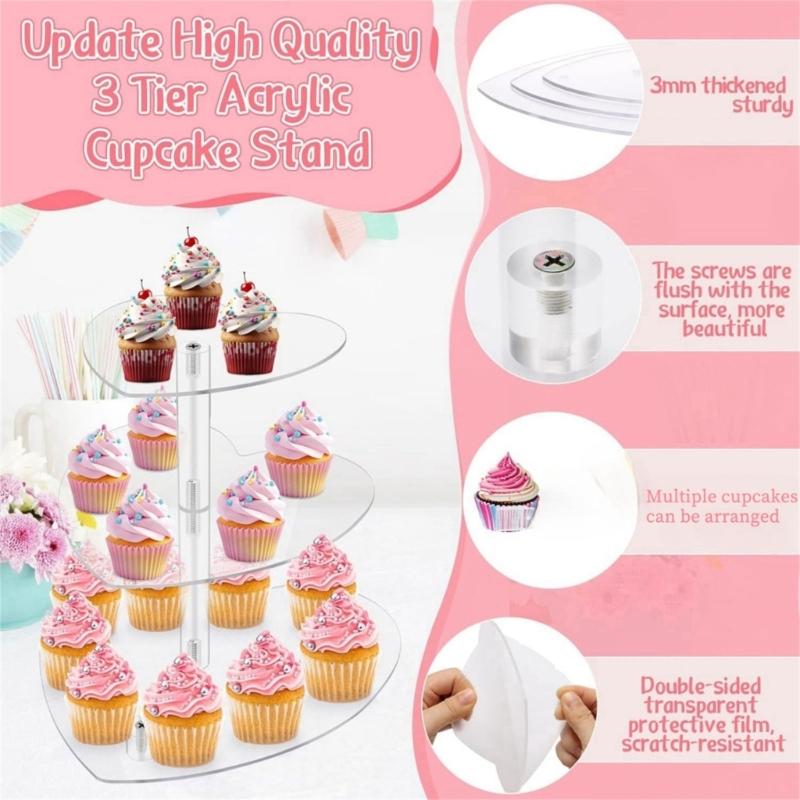 Elegant 3 Layers Heart Shaped Cupcake Holder for Weddings and Celebration Acrylic Dessert Display Stand Cake Organizer