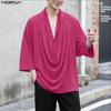 INCERUN Oversized Summer Men Swing Neck 3/4 Sleeve Casual Ruffled T-shirts Tee Tops