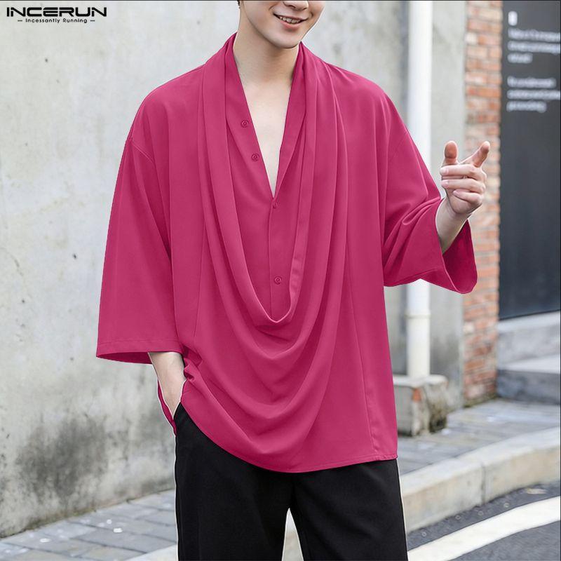 INCERUN Oversized Summer Men Swing Neck 3/4 Sleeve Casual Ruffled T-shirts Tee Tops