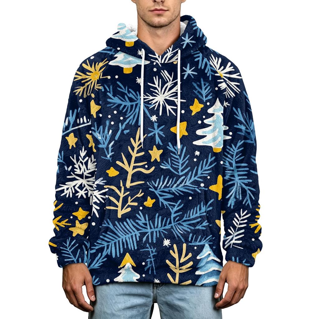 Men's Christmas Print Flannel Hoodie Plus Size Casual Hooded Sweatshirt for Fall and Winter