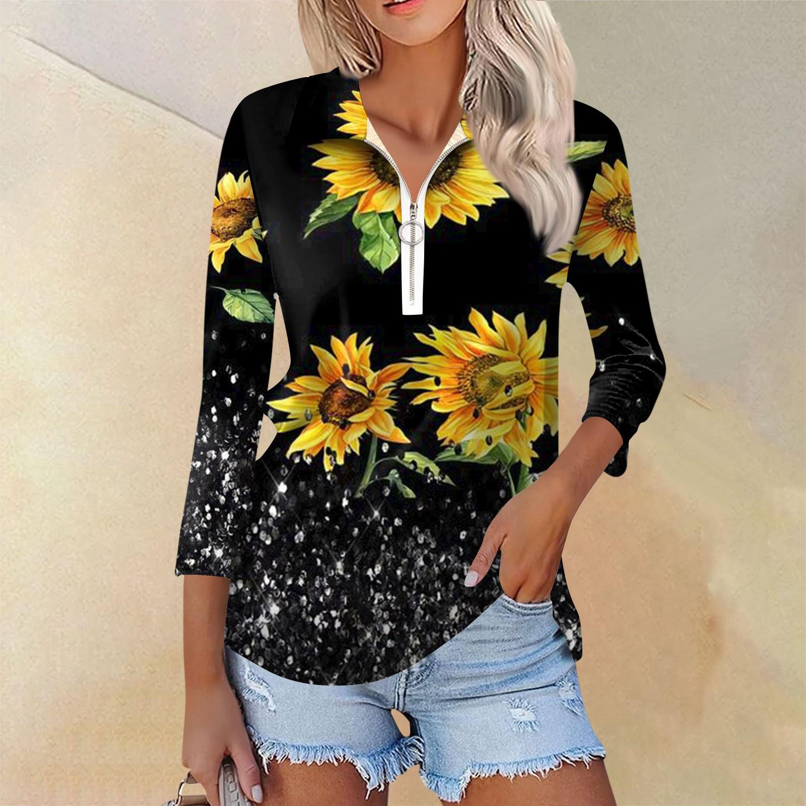 

Женская повседневная футболка с v-образным вырезом и семью рукавами, пуловер с половиной молнии и принтом подсолнечника L чёрный