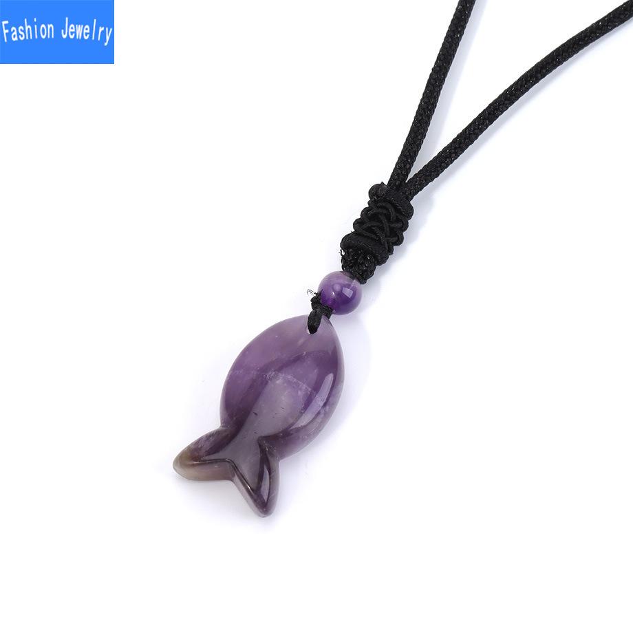 Niche unique design natural agate stone fish pendant crystal braided necklace jewelry