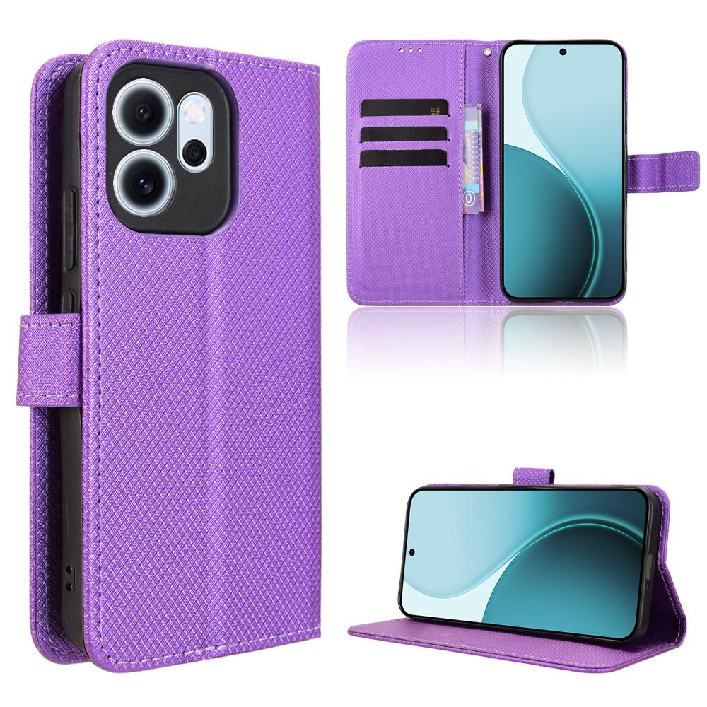 

For Oppo Reno14 F 5G Leather Wallet Case with Strap Diamond Texture Phone Cover Purple