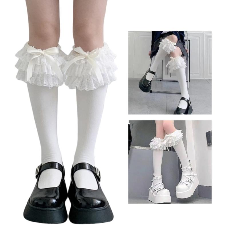 Stylish Lace Trimmed Long Socks Having Ribbon Detail Daily Lovely Socks Perfect For School Uniform And Cute Daily Wear