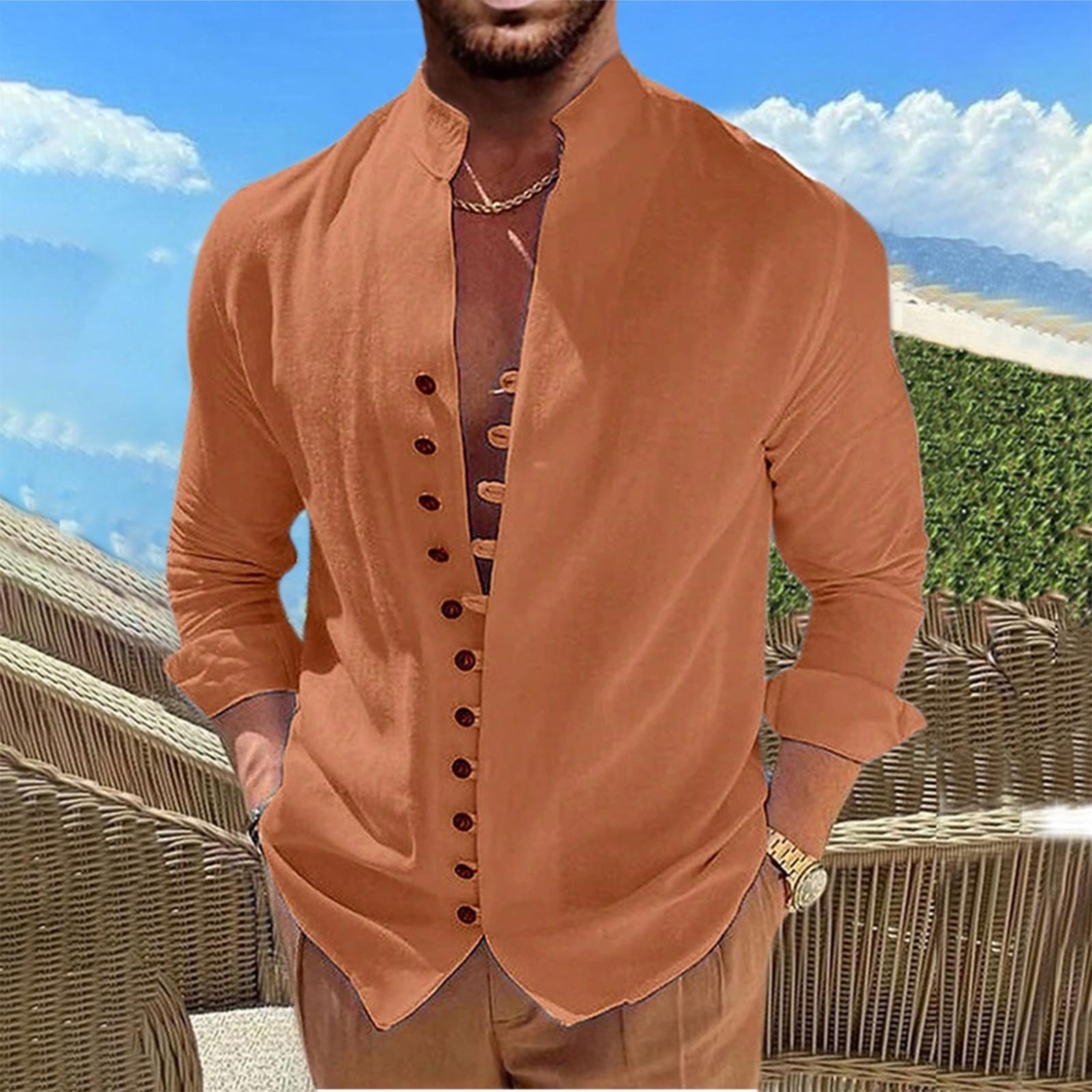 New Men s Retro Cotton Linen Casual Loose Fitting Long Sleeved Shirt XL оранжевый