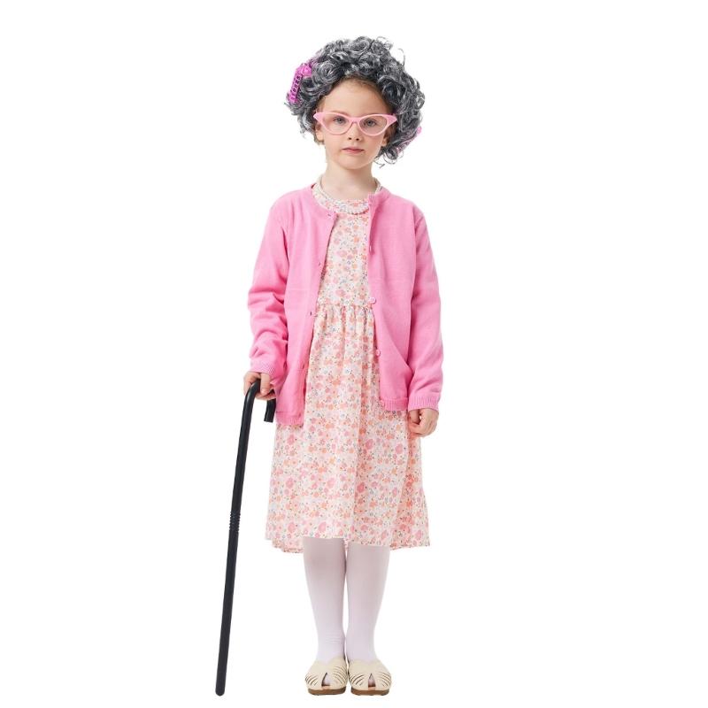 100 Days Of School Granny Costume Set For Kids Pink Floral Print A Line Dress With Long Sleeves For Halloween And Dance Parties