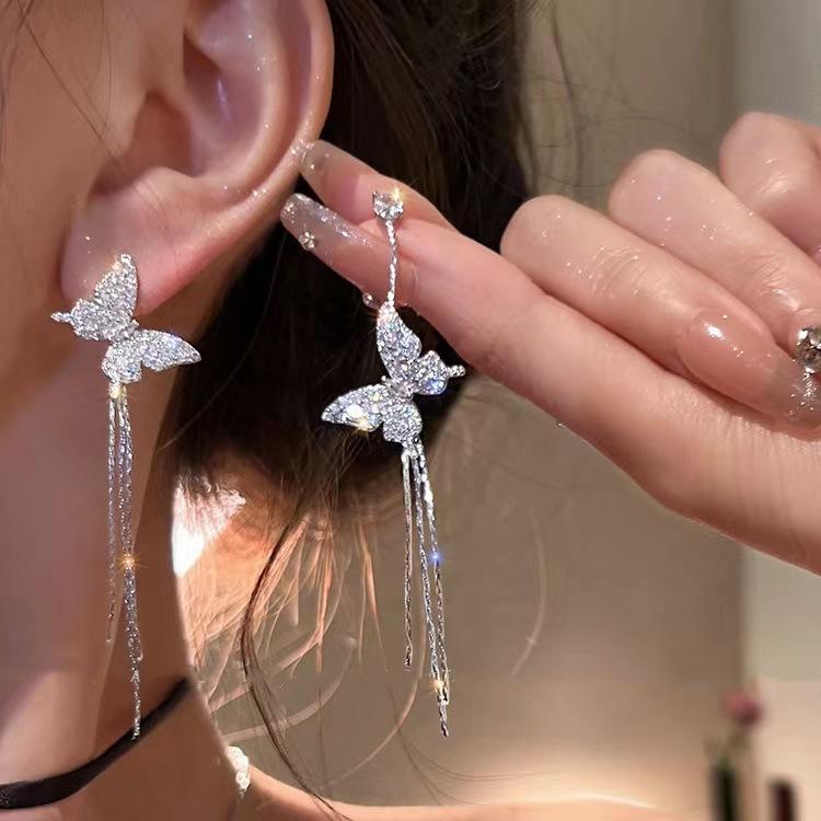 

111 Silver Needle Asymmetrical Long Fringed Earrings Women s, Niche Design Super Flash Butterfly Earrings Earrings 925 silver needle
