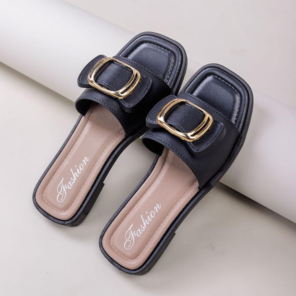 Women's Flat Slippers Outside Summer New Square Buckle Slippers Women Wear Non Slip Fashion Flower Bow Cool Slippers