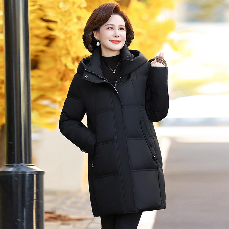 New Hooded Down Jacket Women's Long Winter Loose White Duck Down Coat for Middle-aged and Elderly Grandma.