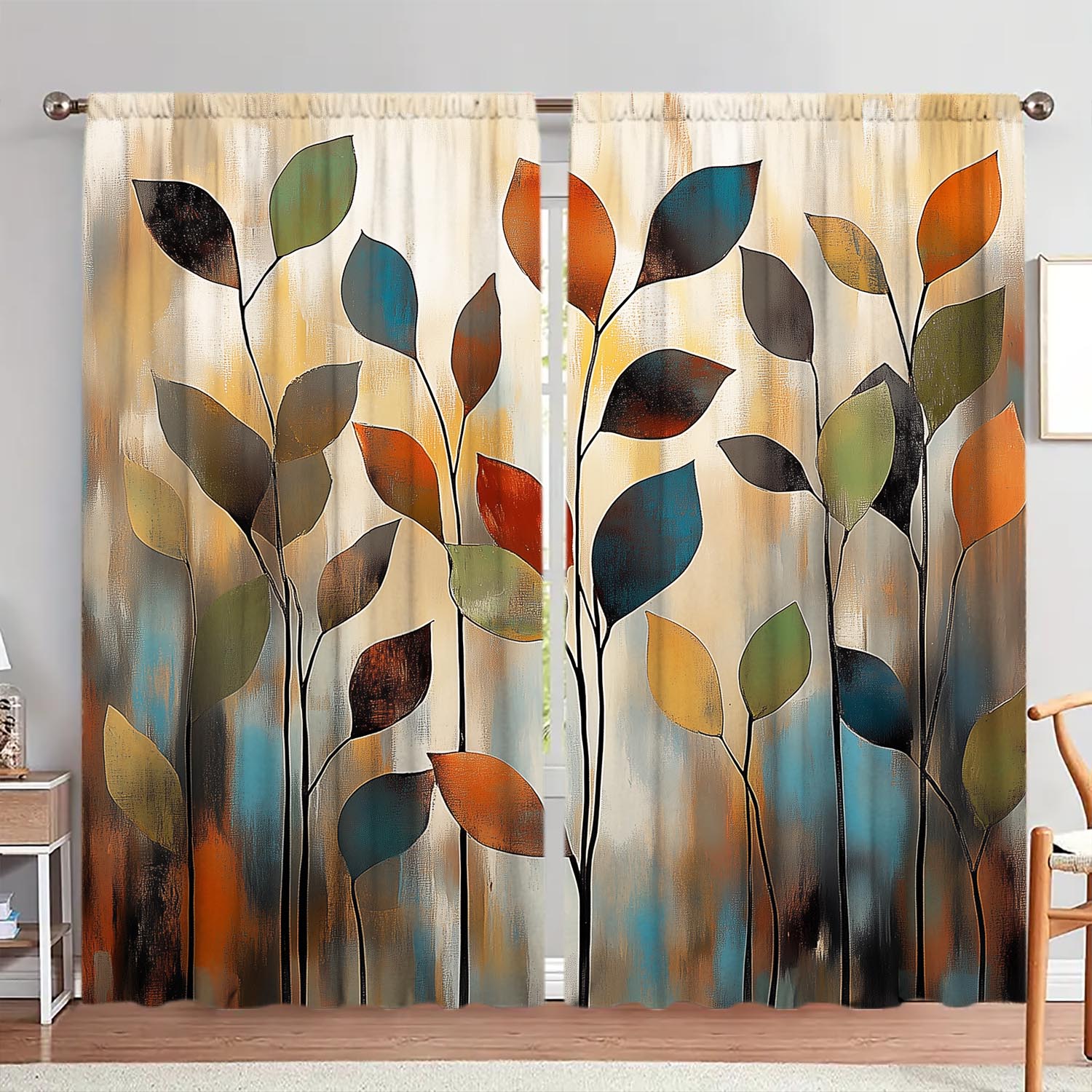 

2 Panels Modern Minimalist Colorful Leaf Decoration Curtains Half Blackout Suitable for Artistic Home Decorative Curtains 100*130 Grommet Top 1pcs
