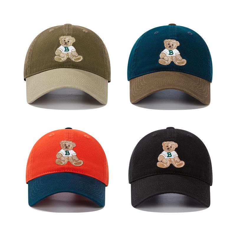 Retro color matching bear embroidered baseball cap sweet and cute versatile peaked cap big head circumference wide brim shows small face