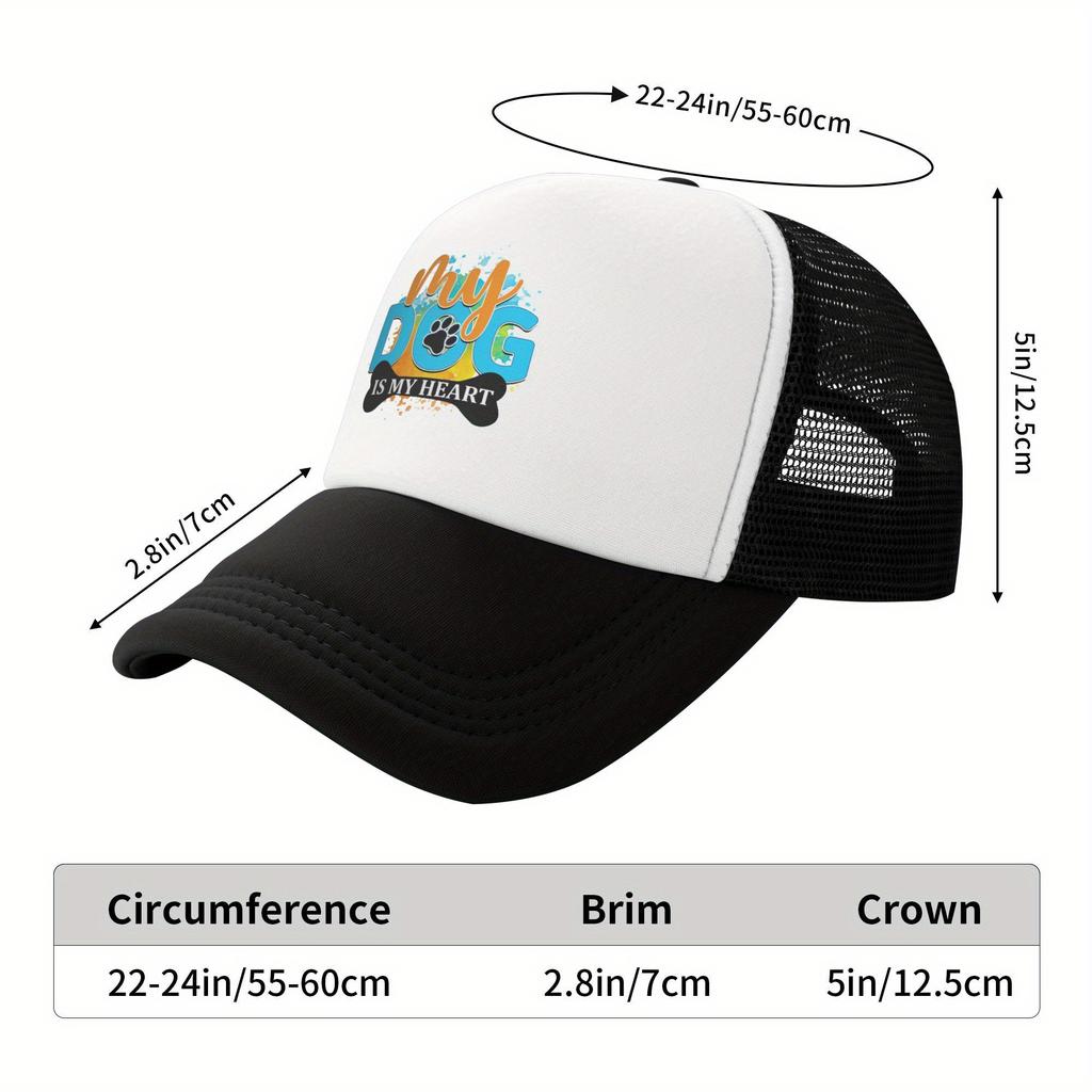 My Dog Is My Heart Paw Print Graphic Trucker Hat Polyester Breathable Casual Baseball Cap for Adults