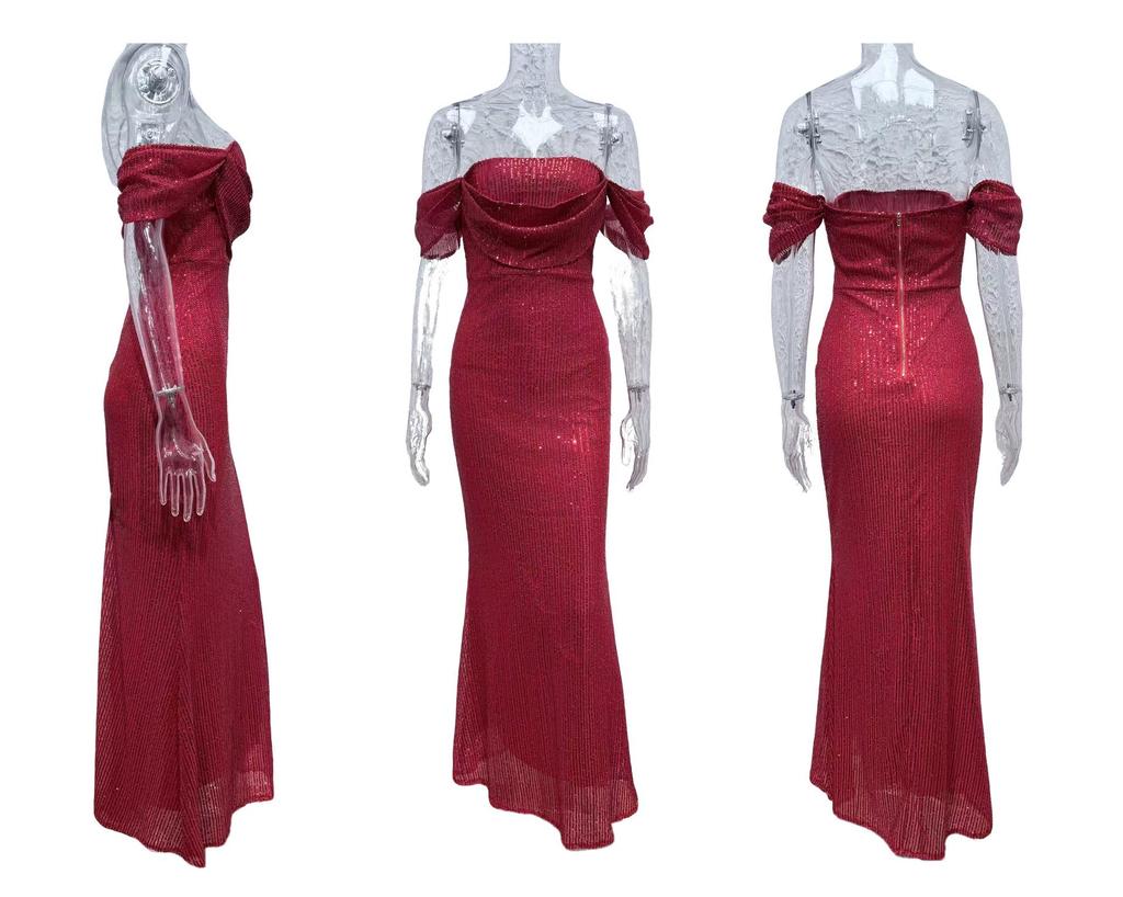2026 European Sequin One-Shoulder Slit Dress - Women's Casual Fashion