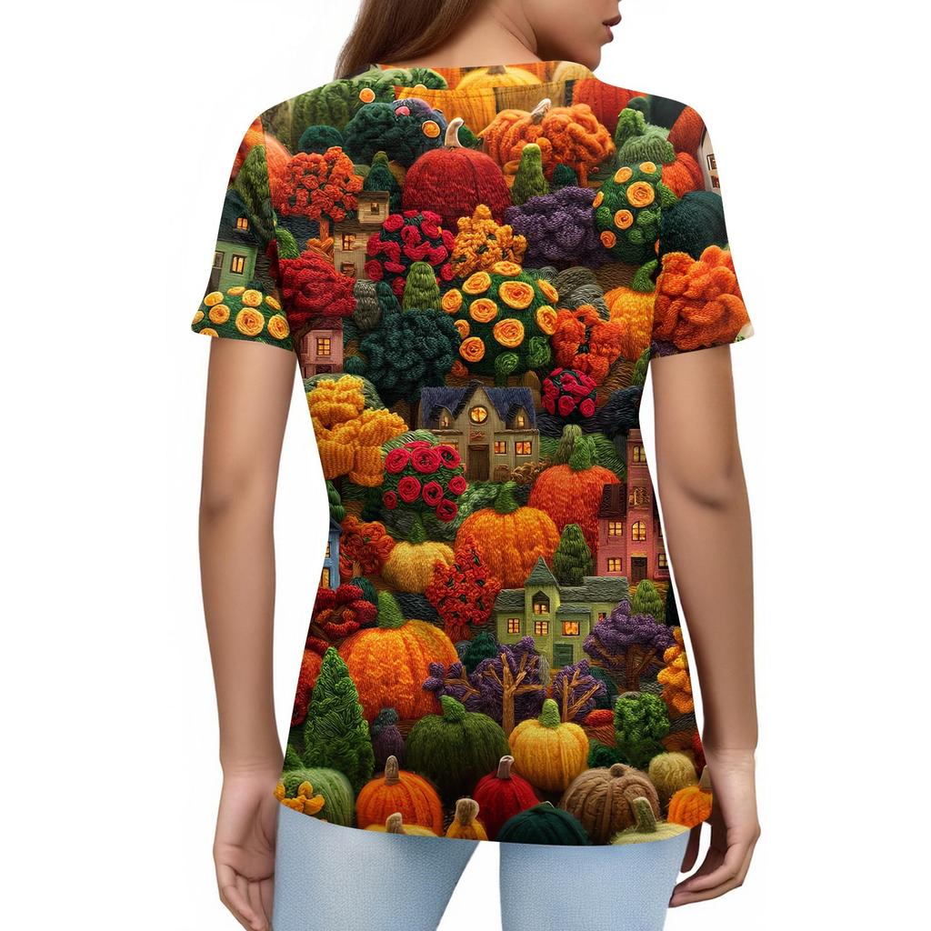 Women's Fashionable Casual Short Sleeve Halloween Print Round Neck Pullover Top