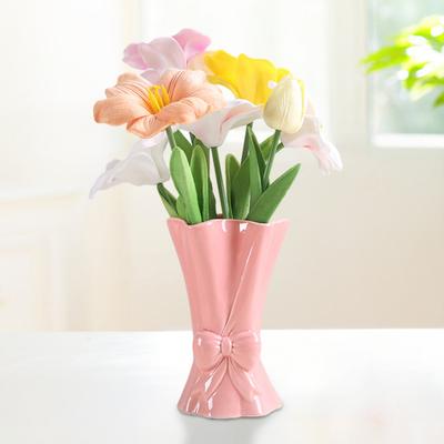 Yousheng Ceramic Vase with Bow Knot Accent Pink White Bow/Handbag/Bouquet Flower Vase for Living Room Dining Shelf Table Desktop Decor