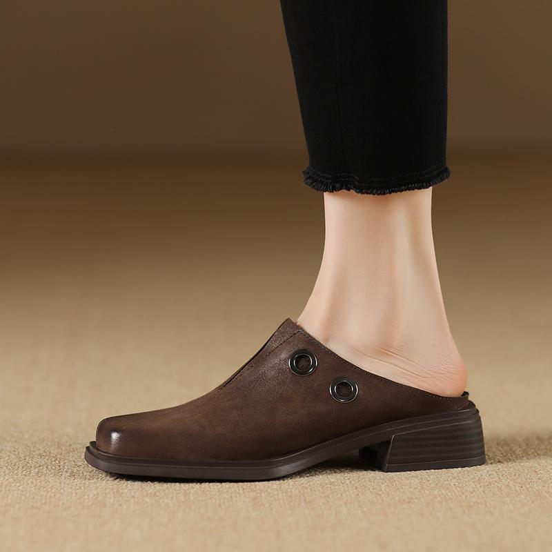 Fashion Elegant Women Summer New Square Toe Cowhide Genuine Leather Slides Shoes Office Ladies Work Med Heels Slip On Loafers Slippers